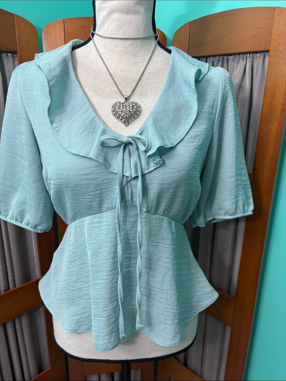 New Look Light Tealish Ruffle Tie-Front Peplum Blouse